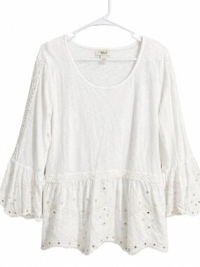 Style & Co White Boho Embroidered Bell Sleeve Peplum Blouse Top